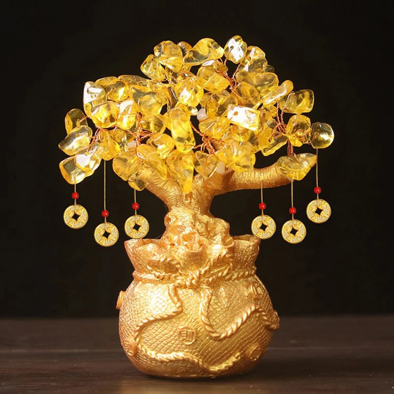 Árvore da Sorte com Cristal Amarelo - Ornamento de Dinheiro Natural em Estilo Bonsai para Prosperidade e Feng Shui