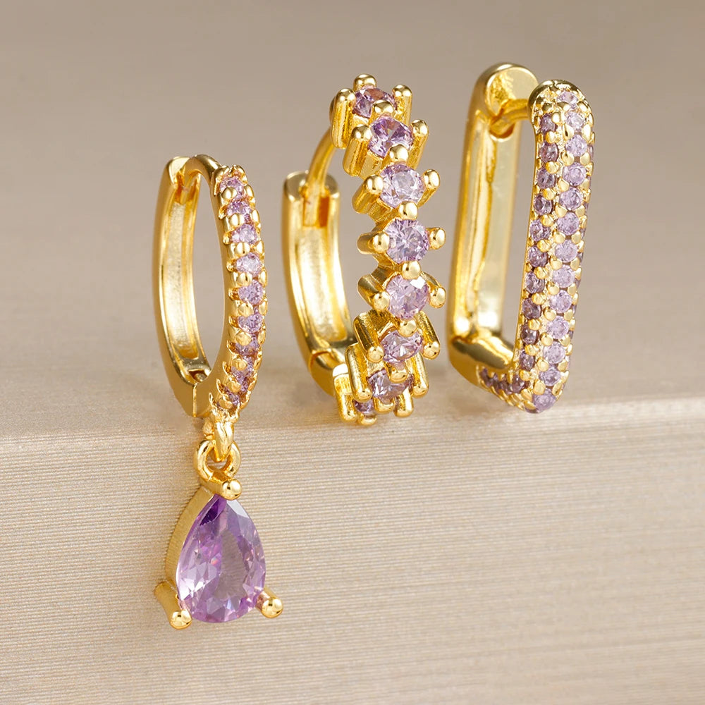 Semi Joias Conjunto de 3 brincos Femininos Cristal de Zircônia Cúbica