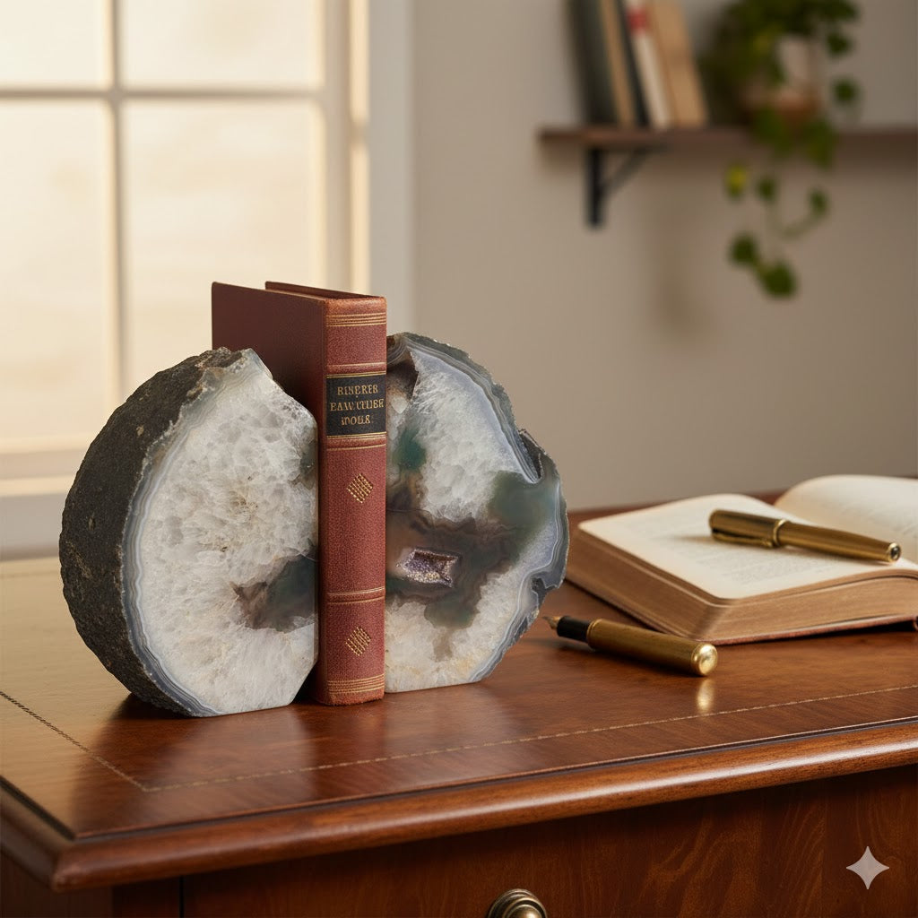 Separador de Livros em Ágata Natural Esverdeada – Par de Bookends em Pedra Natural Polida, Geodo Autêntico para Decoração de Escritório, Sala e Estante – Peça Única -Doca Express