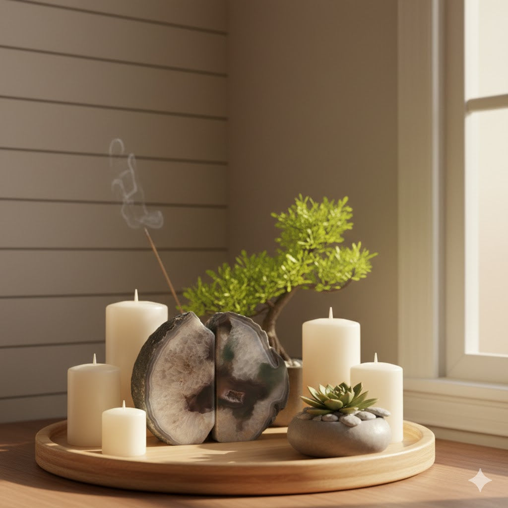 Separador de Livros em Ágata Natural Esverdeada – Par de Bookends em Pedra Natural Polida, Geodo Autêntico para Decoração de Escritório, Sala e Estante – Peça Única -Doca Express