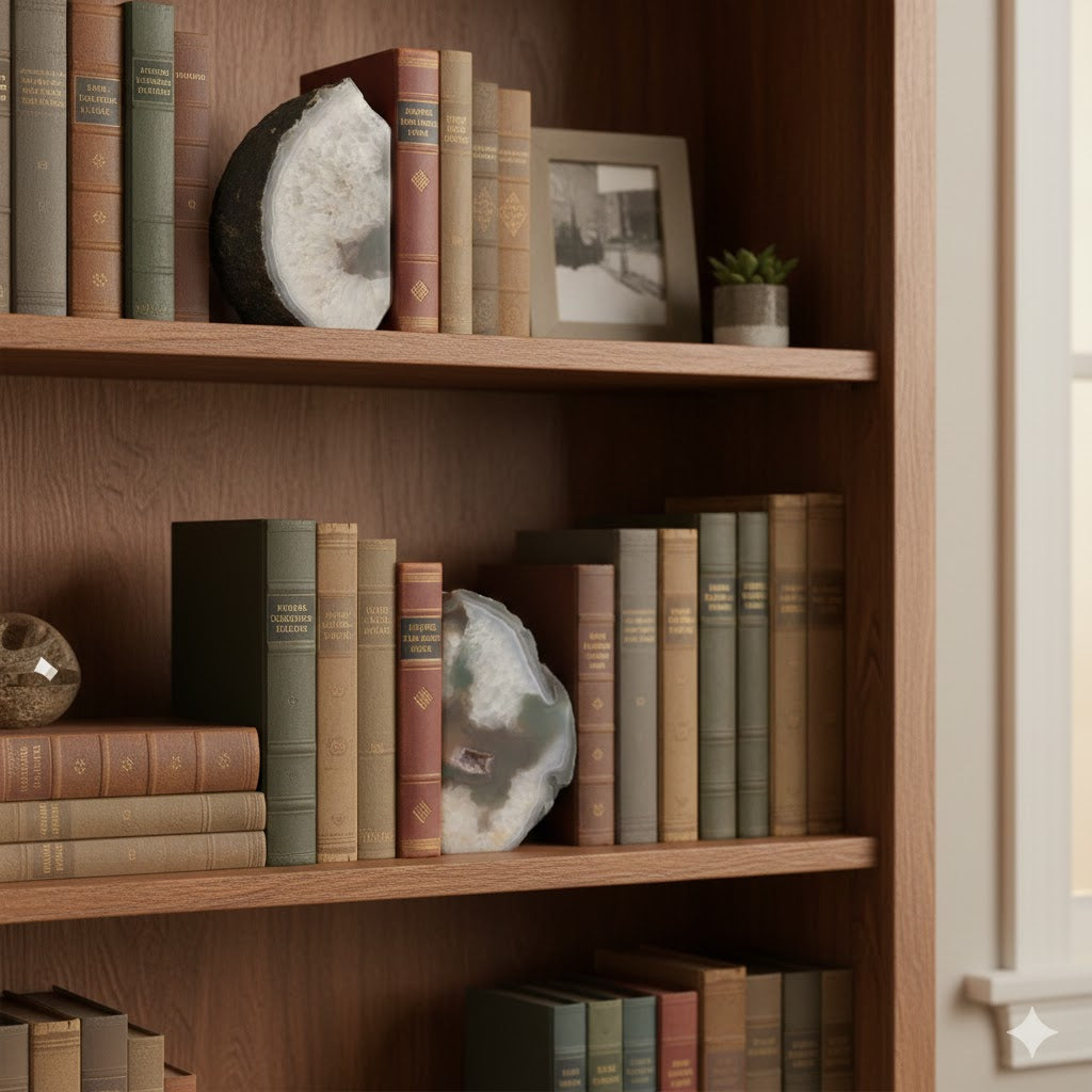 Separador de Livros em Ágata Natural Esverdeada – Par de Bookends em Pedra Natural Polida, Geodo Autêntico para Decoração de Escritório, Sala e Estante – Peça Única -Doca Express