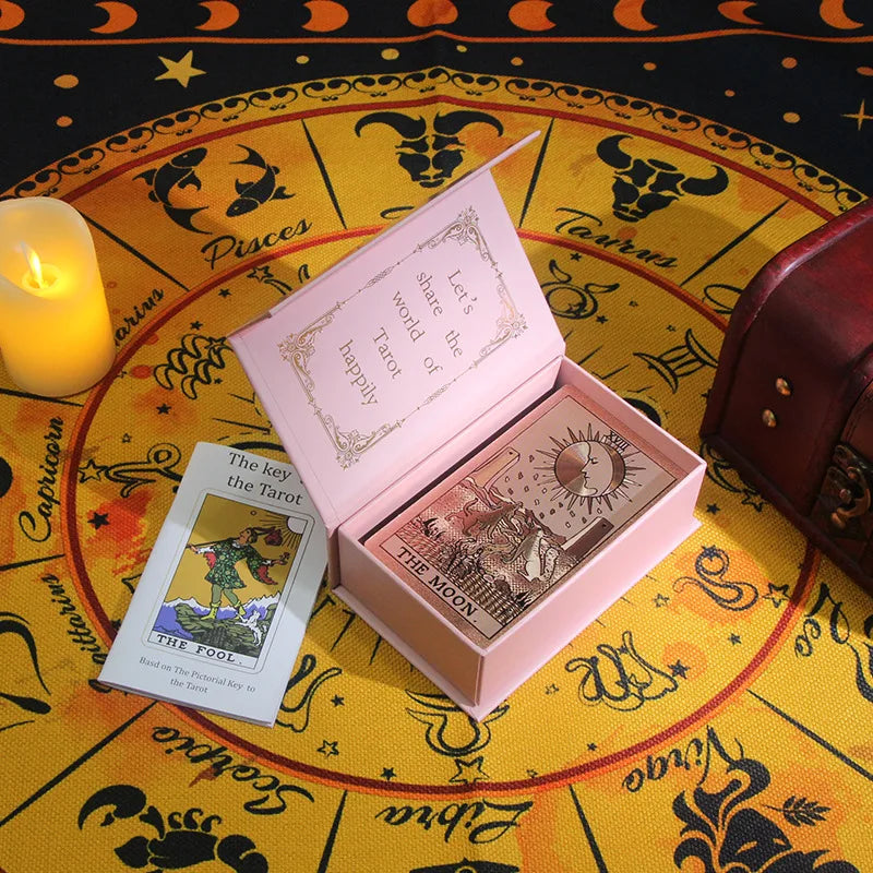 Tarô com Folha Dourada - Tarô Rosa Dourado em Plástico PET à Prova D'Água com Manual de Instruções - Tarot