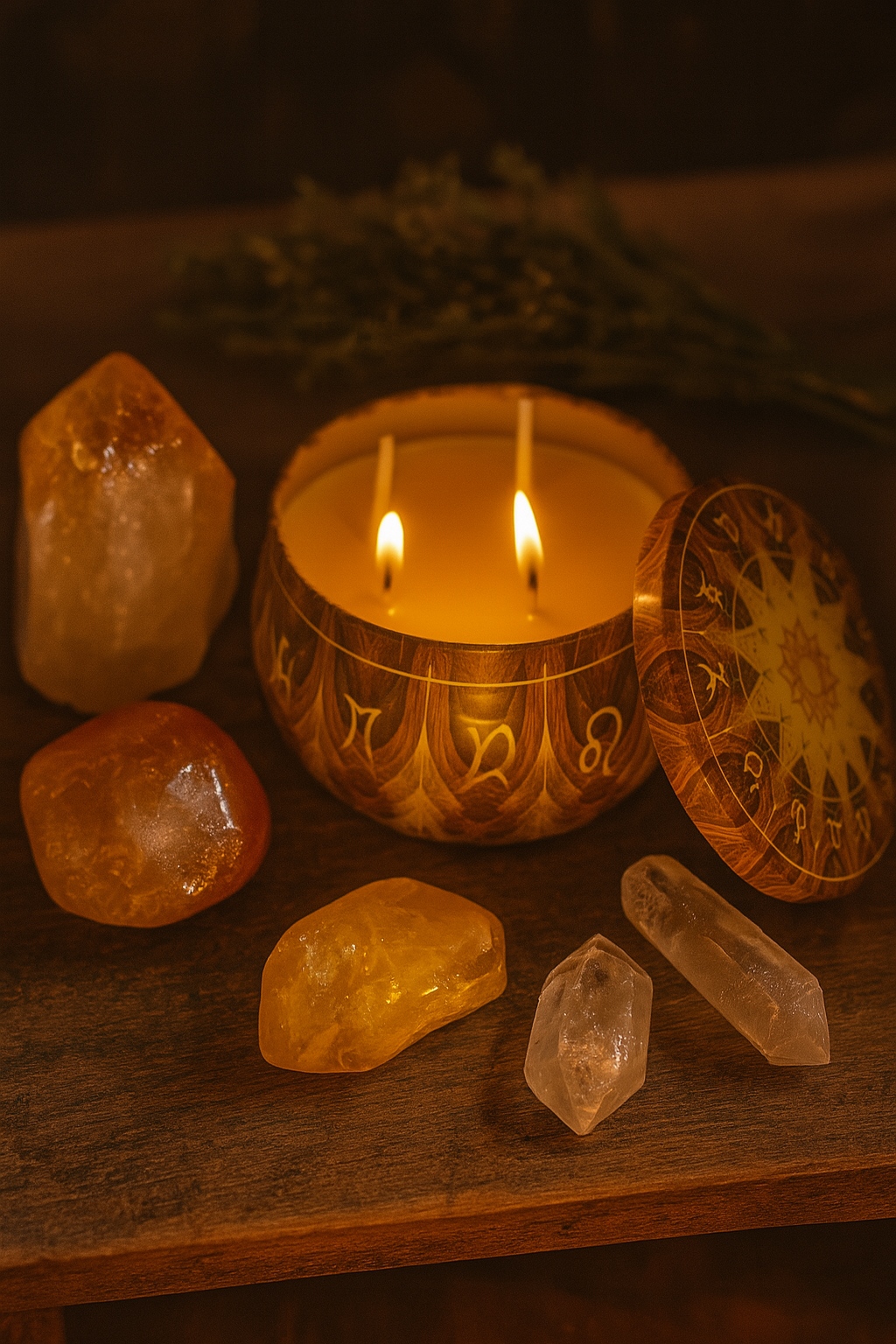 Vela Aromática Amarela com 3 Pavios em Pote Decorativo – Cera Vegana de Coco, Arroz e Palma – Energia de Cura e Ativação Espiritual – Mandala Astrológica – 140g