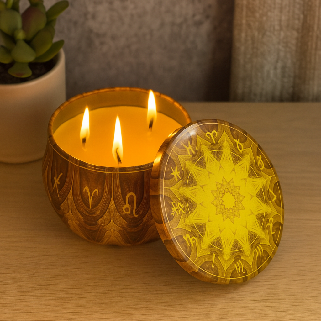 Vela Aromática Amarela com 3 Pavios em Pote Decorativo – Cera Vegana de Coco, Arroz e Palma – Energia de Cura e Ativação Espiritual – Mandala Astrológica – 140g