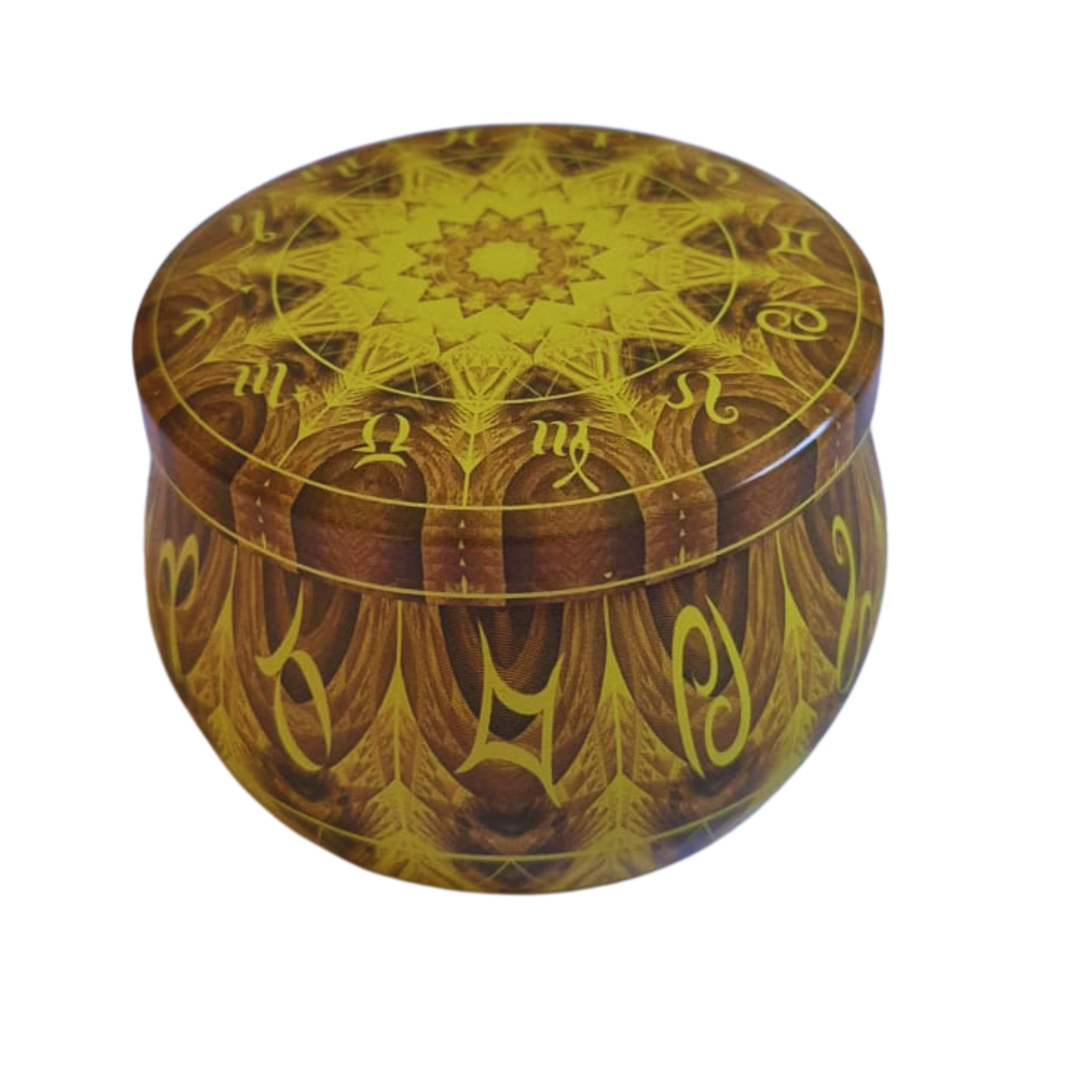 Vela Aromática Amarela com 3 Pavios em Pote Decorativo – Cera Vegana de Coco, Arroz e Palma – Energia de Cura e Ativação Espiritual – Mandala Astrológica – 140g