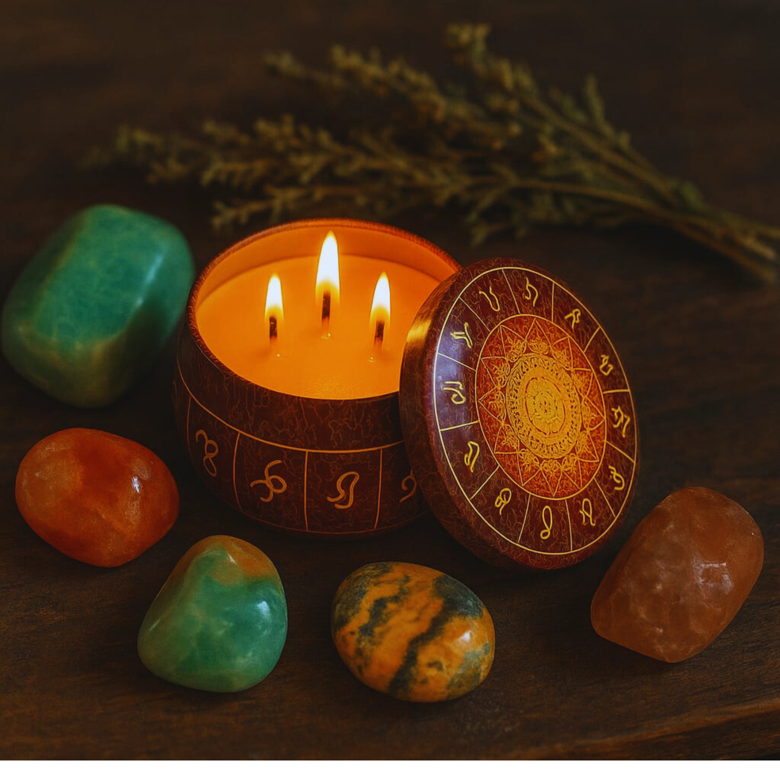 Vela Aromática Laranja em Pote com Tampa Mandala – Cera Vegana de Coco, Arroz e Palma | Energia de Ativação e Cura | Decorativa e Perfumada | 3 Pavilhas | Design Espiritual