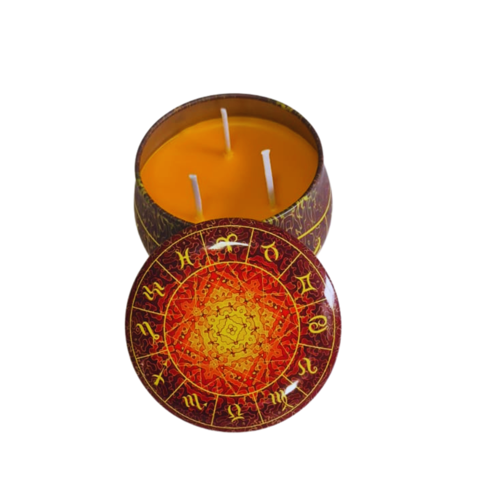 Vela Aromática Laranja em Pote com Tampa Mandala – Cera Vegana de Coco, Arroz e Palma | Energia de Ativação e Cura | Decorativa e Perfumada | 3 Pavilhas | Design Espiritual