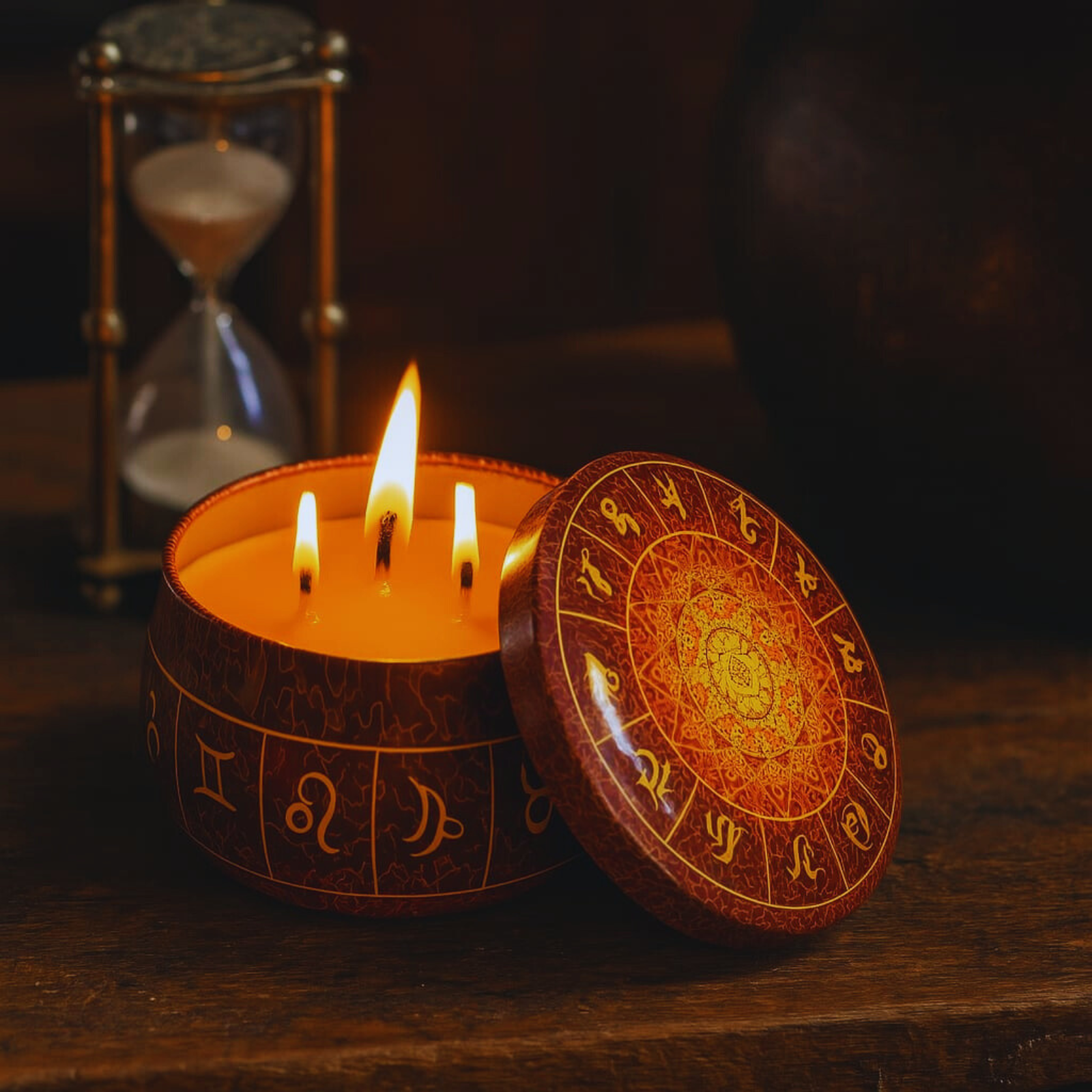 Vela Aromática Laranja em Pote com Tampa Mandala – Cera Vegana de Coco, Arroz e Palma | Energia de Ativação e Cura | Decorativa e Perfumada | 3 Pavilhas | Design Espiritual