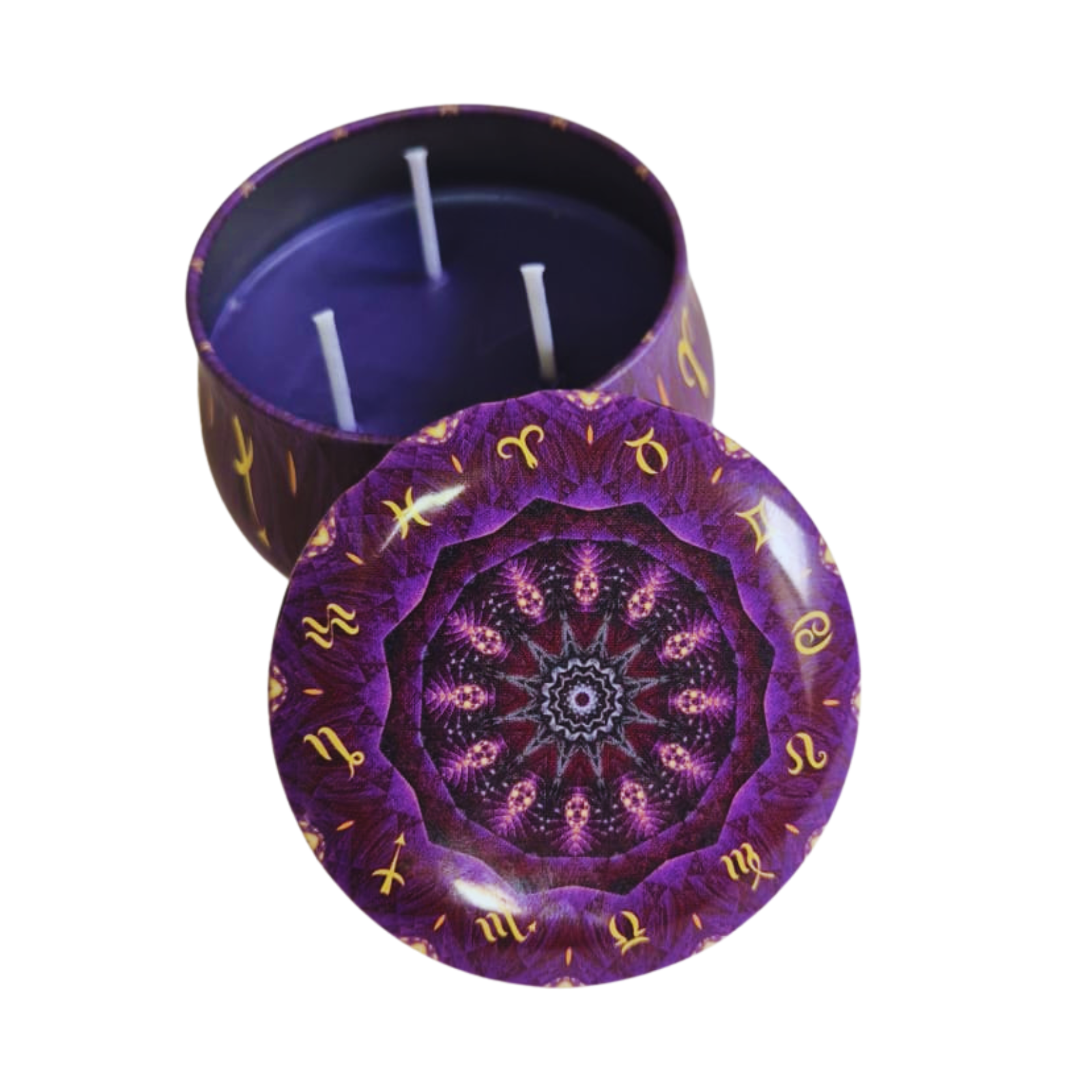 Vela Aromática Violeta com 3 Pavios em Pote Decorativo – Cera Vegana de Coco, Arroz e Palma – Energia de Cura e Ativação Espiritual – Mandala Astrológica – 140g