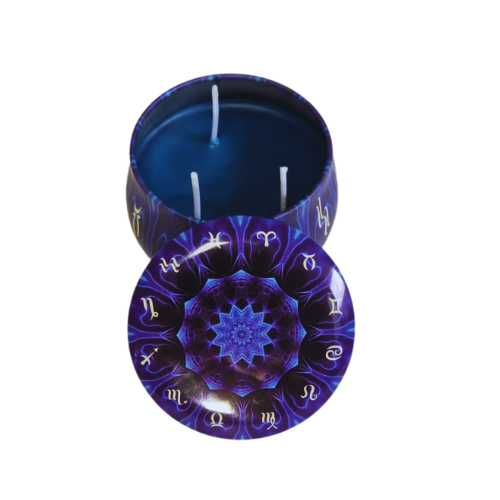 Vela Aromática Azul com 3 Pavios em Pote Decorativo – Cera Vegana de Coco, Arroz e Palma – Energia de Cura e Ativação Espiritual – Mandala Astrológica – 140g