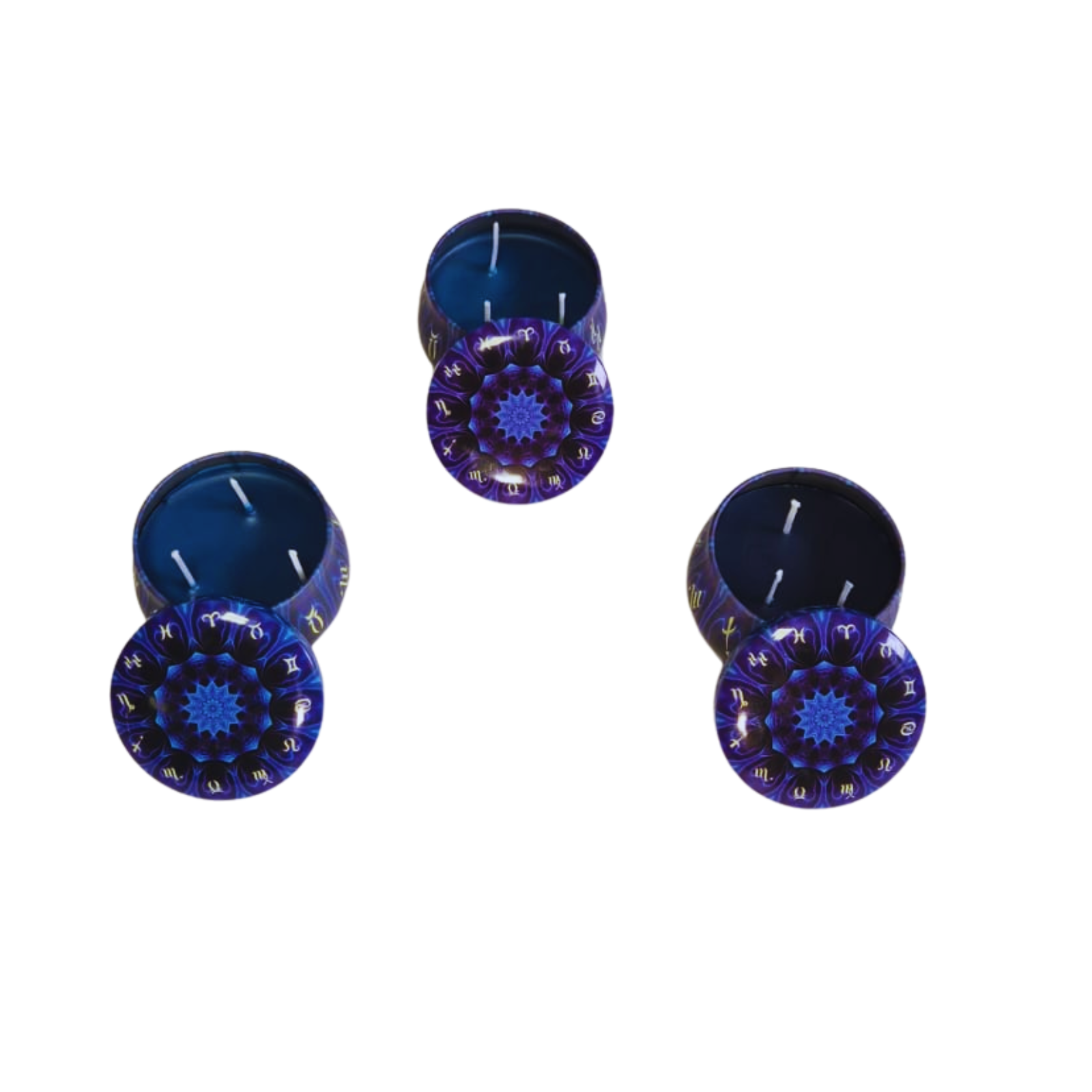 Vela Aromática Azul com 3 Pavios em Pote Decorativo – Cera Vegana de Coco, Arroz e Palma – Energia de Cura e Ativação Espiritual – Mandala Astrológica – 140g