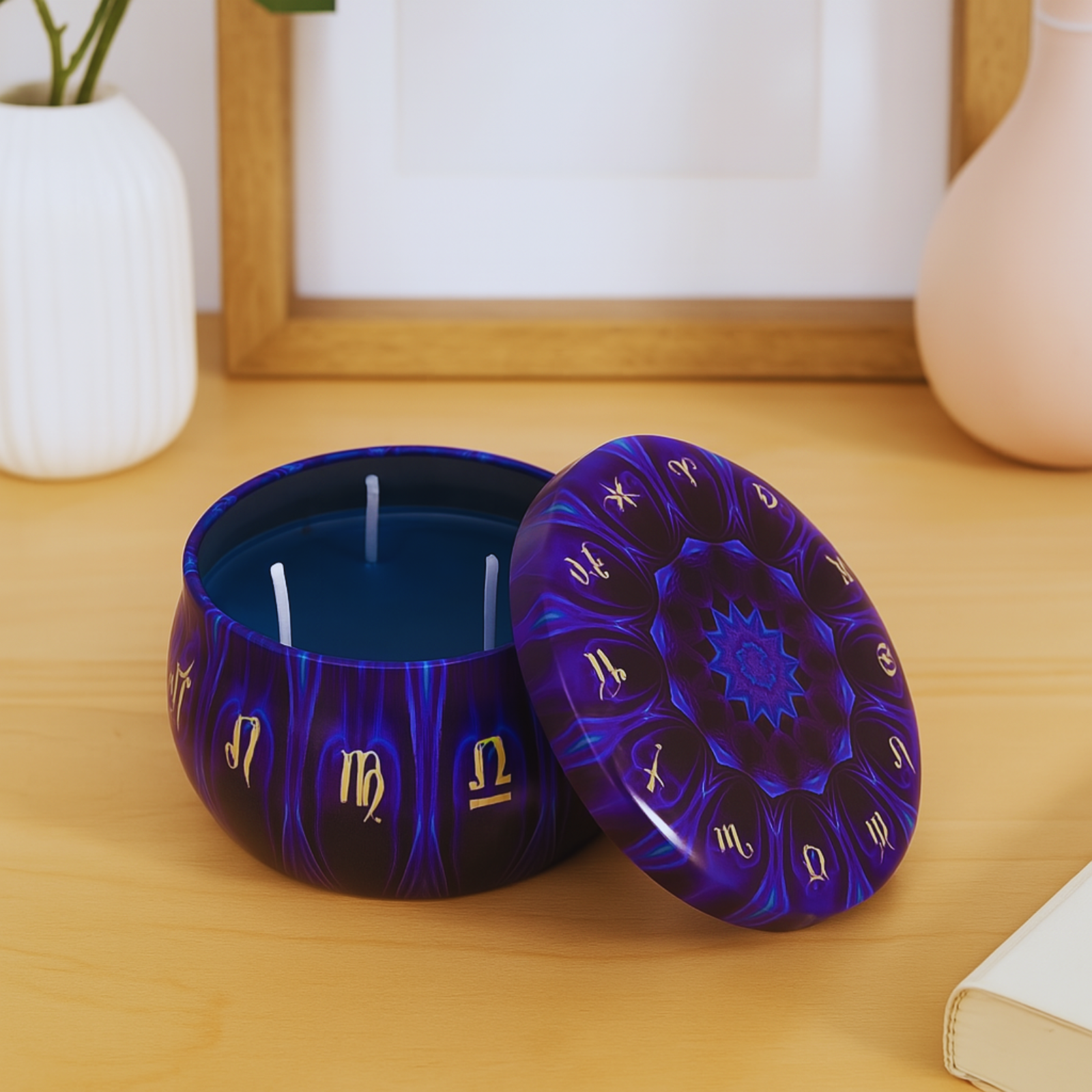 Vela Aromática Azul com 3 Pavios em Pote Decorativo – Cera Vegana de Coco, Arroz e Palma – Energia de Cura e Ativação Espiritual – Mandala Astrológica – 140g