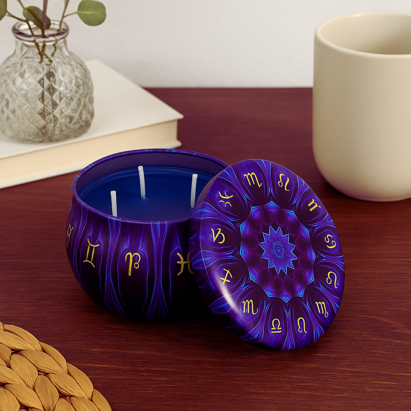 Vela Aromática Azul com 3 Pavios em Pote Decorativo – Cera Vegana de Coco, Arroz e Palma – Energia de Cura e Ativação Espiritual – Mandala Astrológica – 140g