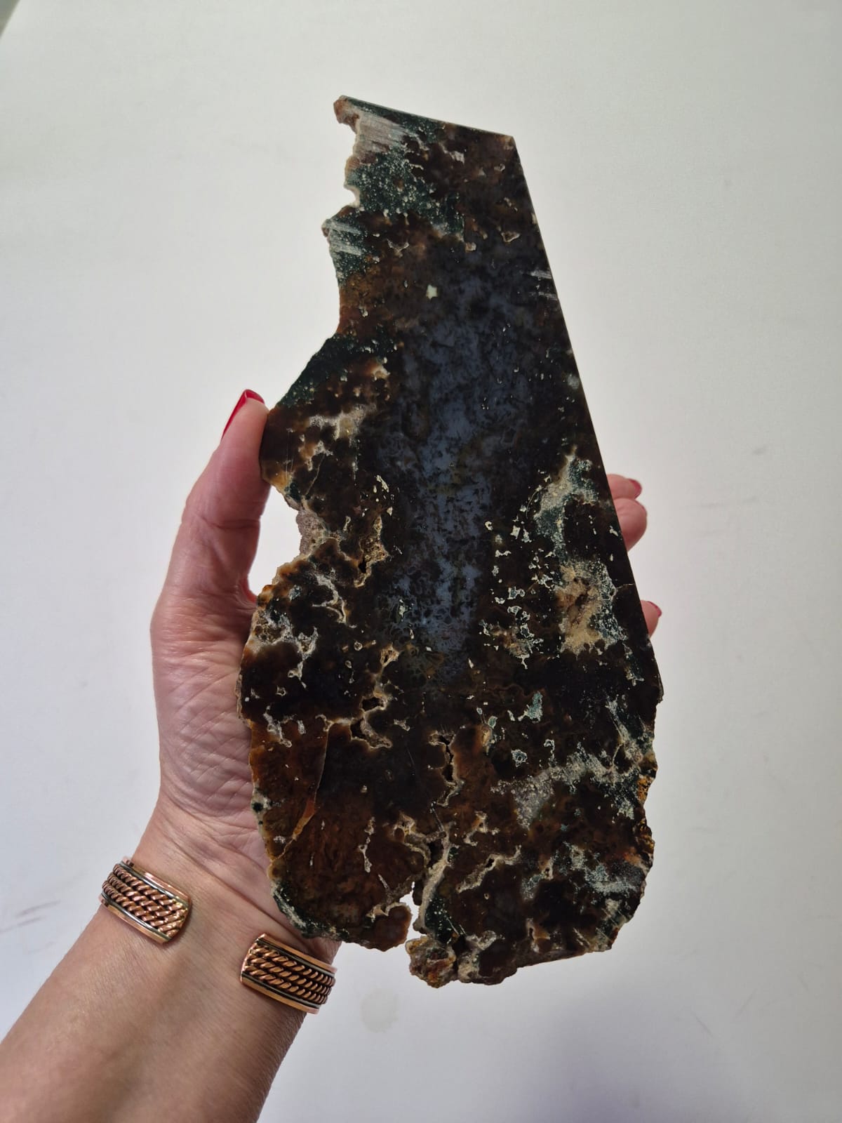 Ágata Musgo Natural – Fatia Bruta Polida Grande | Peça de 1,4 kg | Decoração Mineral, Mesa, Escritório e Espaços Zen | Pedra Autêntica para Energização e Harmonização - Harmonia Plena