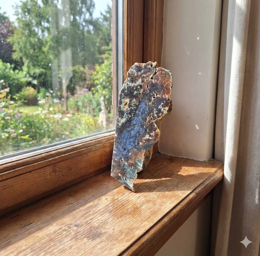 Ágata Musgo Natural – Fatia Bruta Polida Grande | Peça de 1,4 kg | Decoração Mineral, Mesa, Escritório e Espaços Zen | Pedra Autêntica para Energização e Harmonização - Harmonia Plena