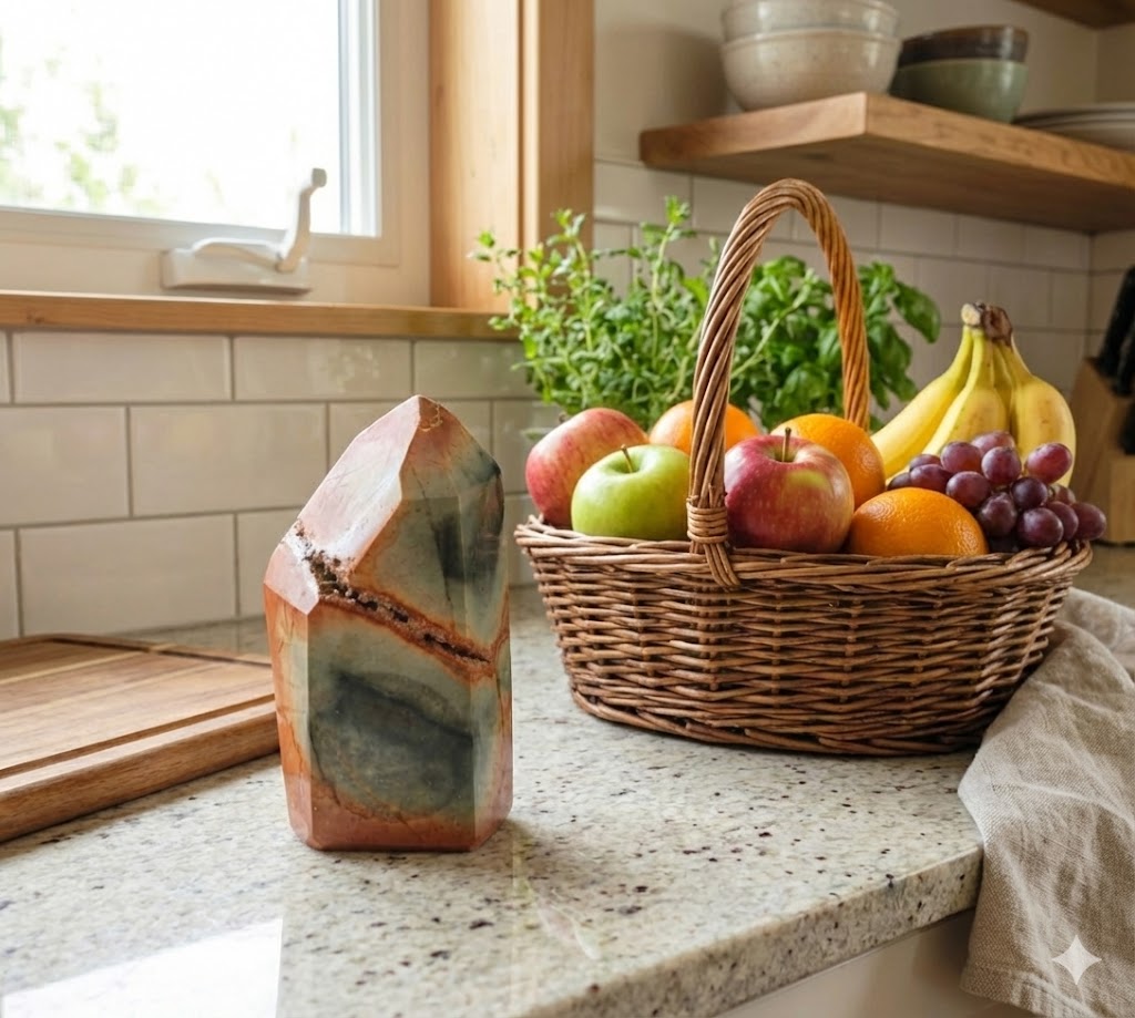 Torre de Jaspe Polícromo Natural – Torre Lapidada Irregular de 5 Faces | 12 cm | 478 g | Pedra Decorativa com Veio Mineral | Harmonia Plena