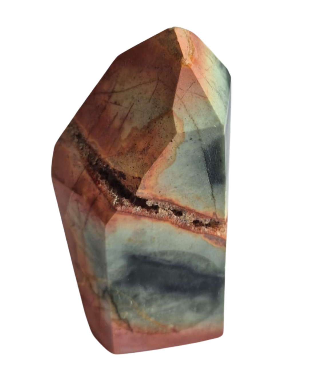 Torre de Jaspe Polícromo Natural – Torre Lapidada Irregular de 5 Faces | 12 cm | 478 g | Pedra Decorativa com Veio Mineral | Harmonia Plena