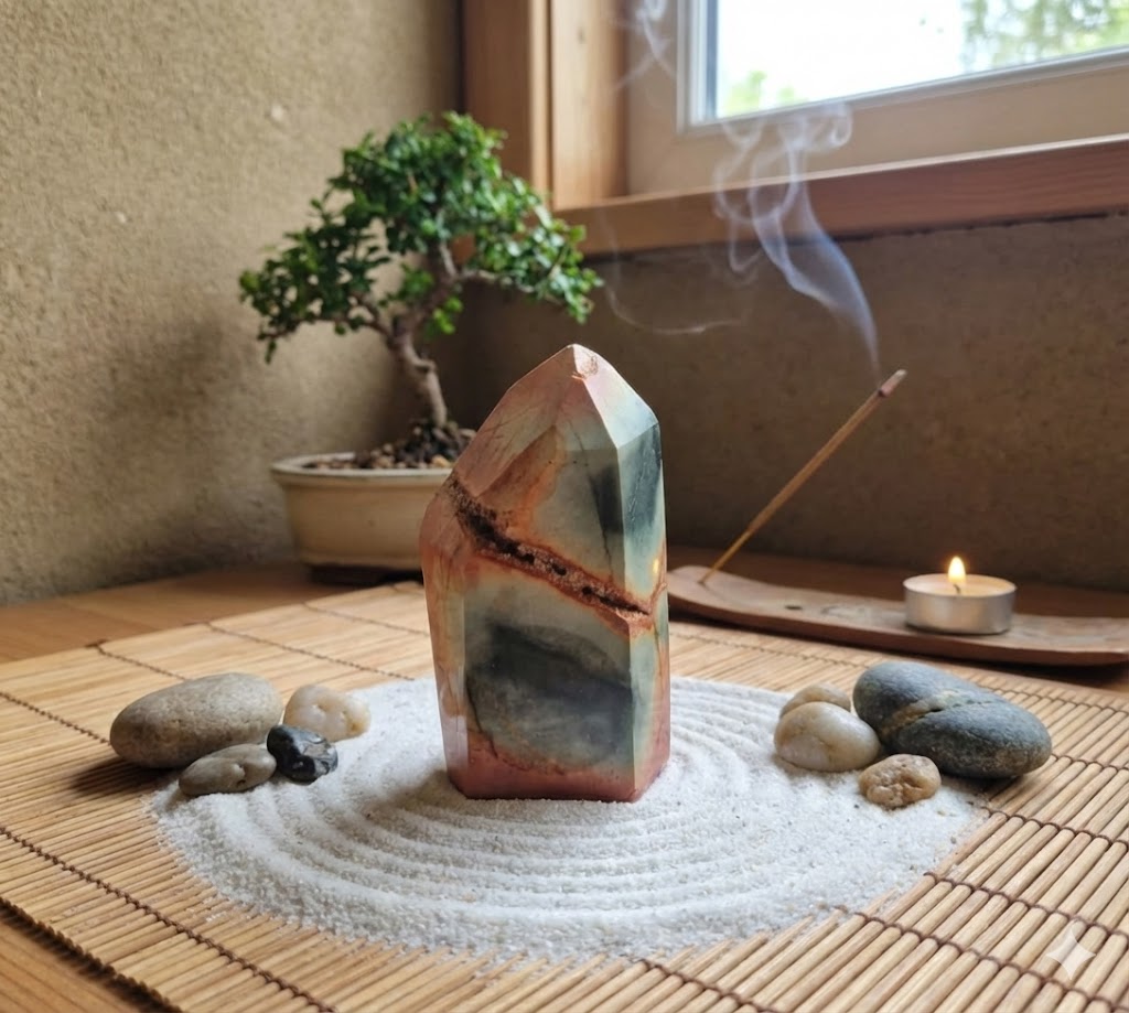 Torre de Jaspe Polícromo Natural – Torre Lapidada Irregular de 5 Faces | 12 cm | 478 g | Pedra Decorativa com Veio Mineral | Harmonia Plena