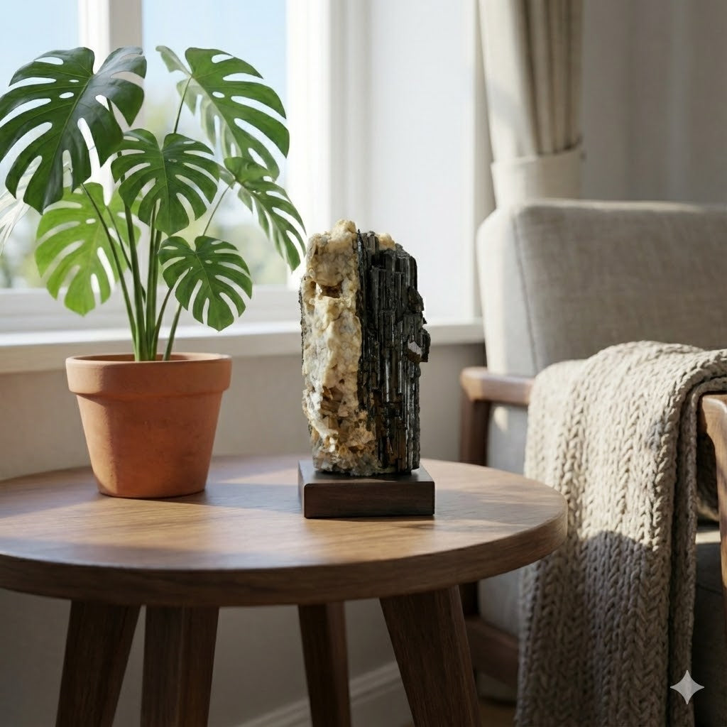 Turmalina Negra em Matriz de Quartzo 697g – Pedra Natural para Proteção, Limpeza Energética, Reiki e Feng Shui – Peça Única em Base de Madeira – Harmonia Plena