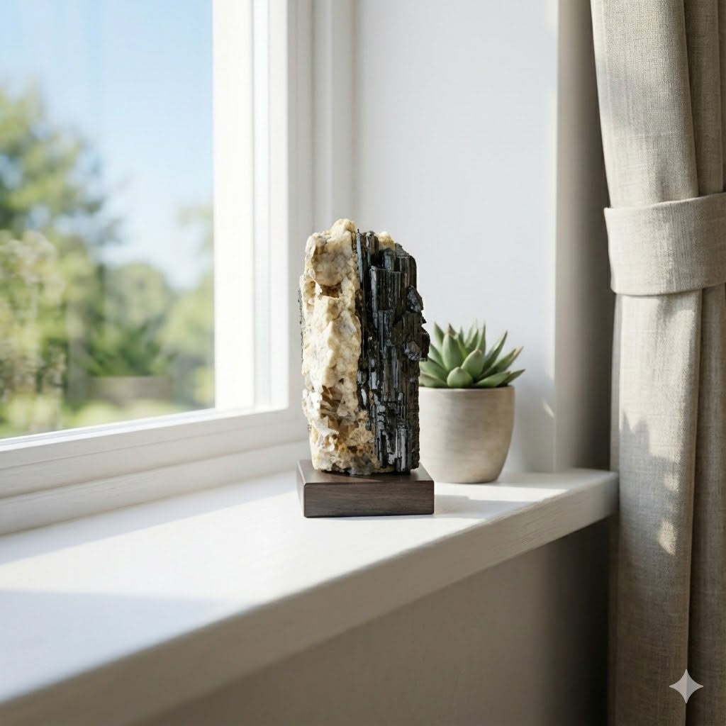 Turmalina Negra em Matriz de Quartzo 697g – Pedra Natural para Proteção, Limpeza Energética, Reiki e Feng Shui – Peça Única em Base de Madeira – Harmonia Plena