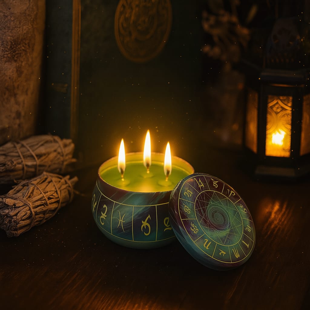 vela espiritual vegana, vela aromatizada natural, vela com cera vegetal, vela para meditação e cura, vela chakra verde, vela com mandala astrológica, decoração espiritual, vela para Reiki, vela ecológica com aroma, autocuidado holístico