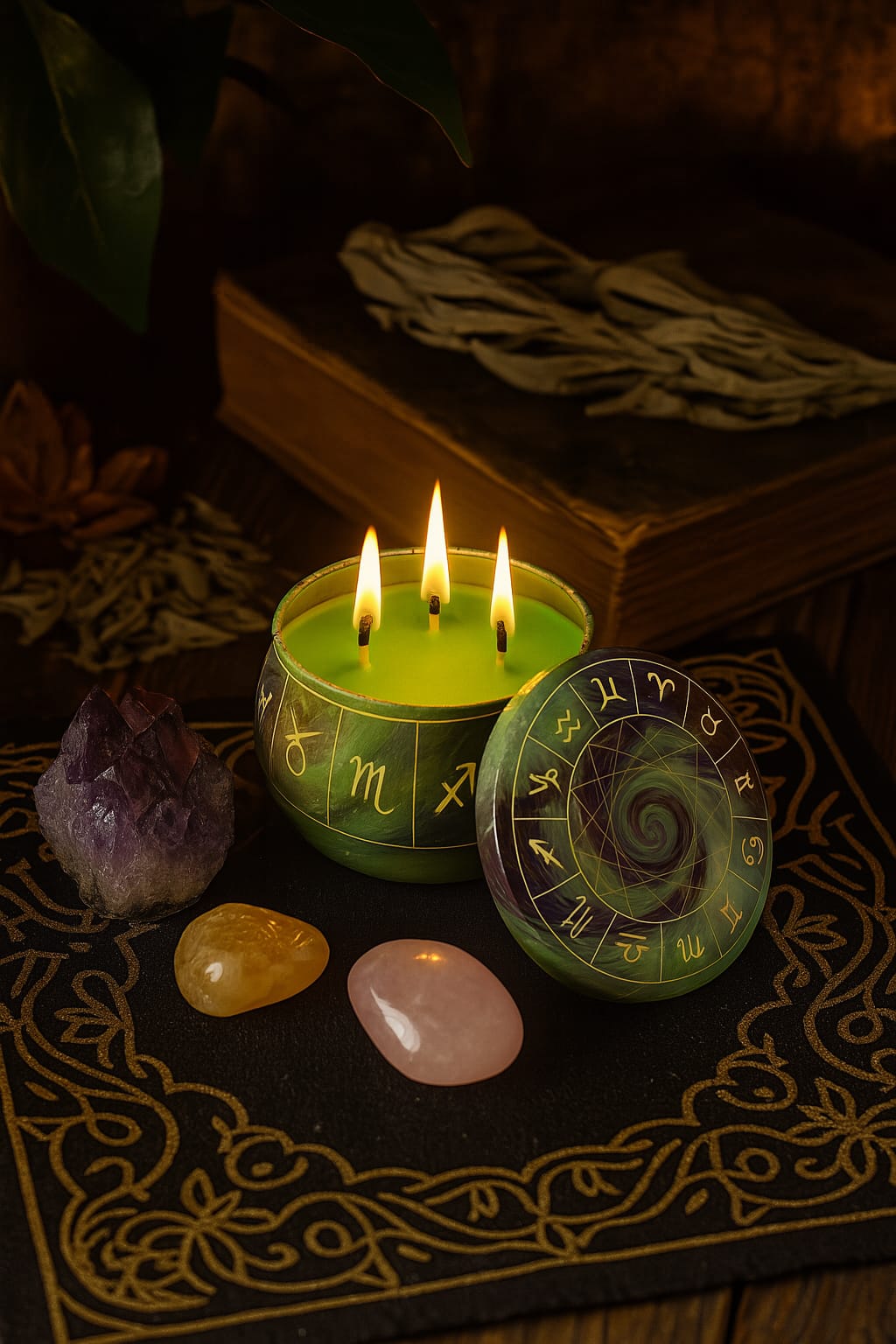 vela espiritual vegana, vela aromatizada natural, vela com cera vegetal, vela para meditação e cura, vela chakra verde, vela com mandala astrológica, decoração espiritual, vela para Reiki, vela ecológica com aroma, autocuidado holístico