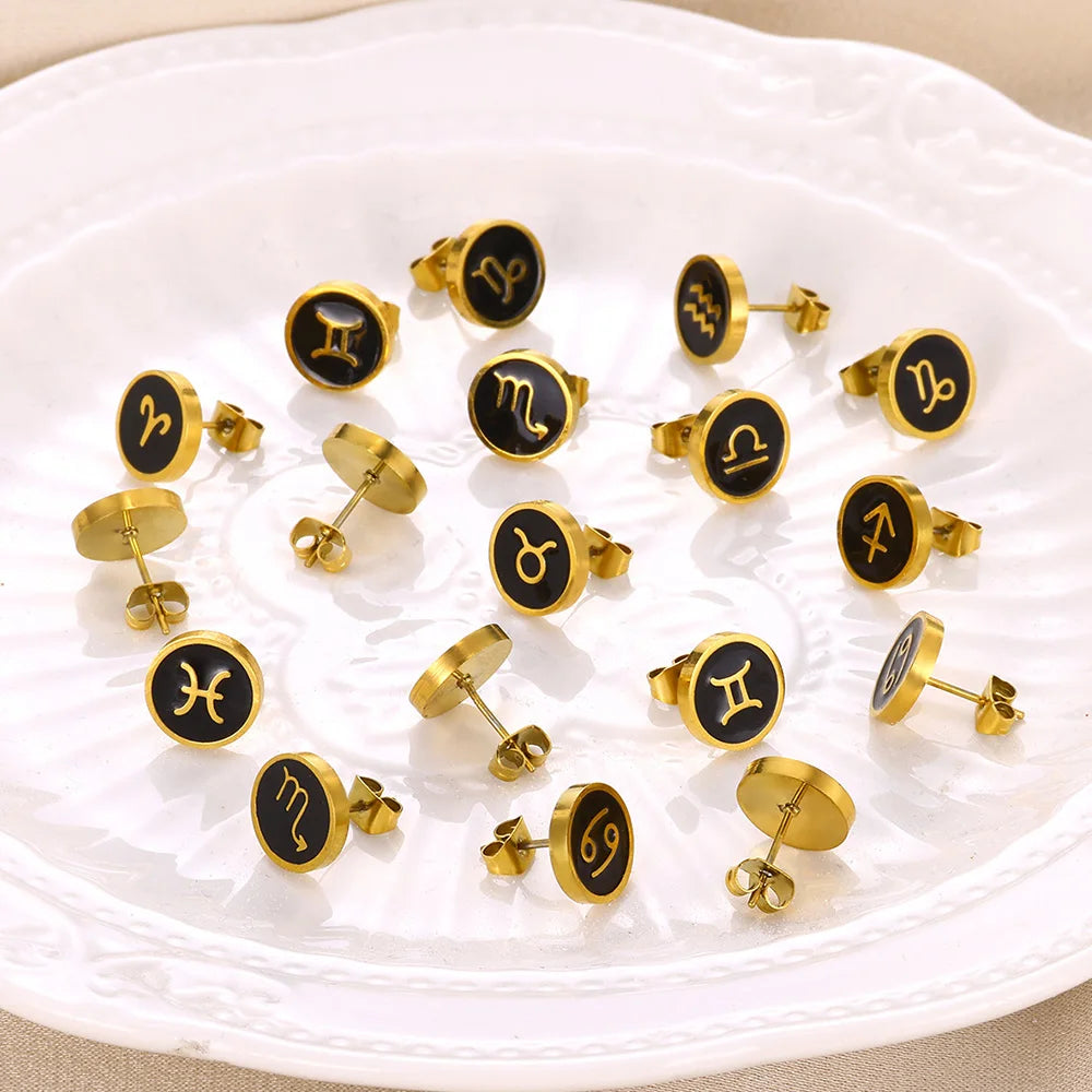 1 Par de Brincos Redondos Fashion com Signo do Zodíaco para Mulheres, Brincos de Aço Inoxidável com Gota de Óleo Preto, Jóias Estilo Hip Hop para Festas e Presentes Escorpião - Aquário