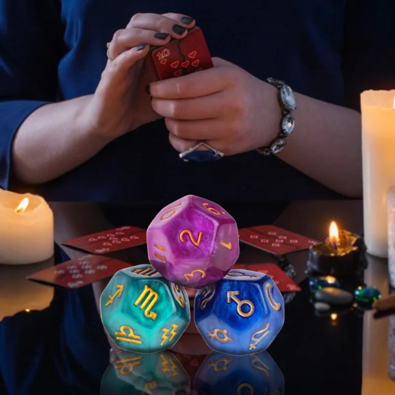 3 Dados de Adivinhação de 12 Lados para Tarot e Astrologia - Jogo de Dados de Resina para Constelação, Família e Amigos - Zodíaco - Constelação