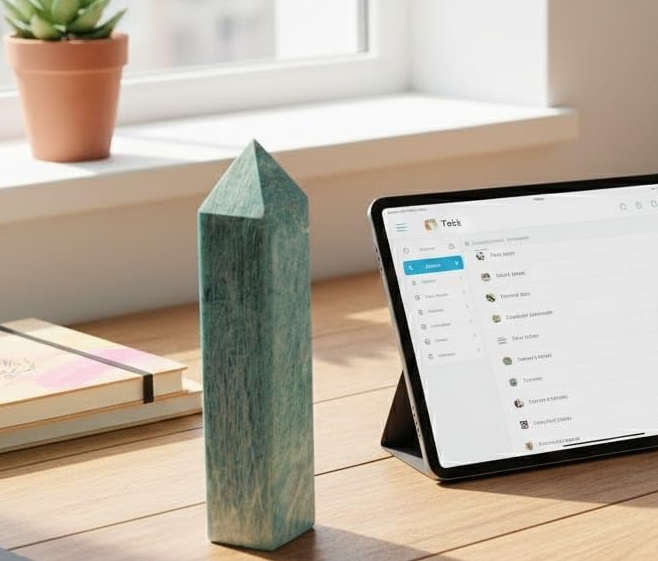 Amazonita Natural em formato de obelisco hexagonal com 16 cm, cristal decorativo de tons verde-azulados.