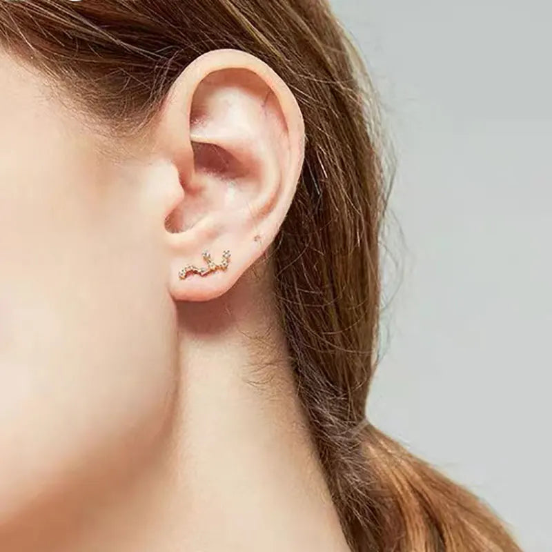 Brinco Fashion de Aço com Design das Doze Constelações - Piercing com Barra e Zircônia Cúbica - Semi-Joias - Sol e Lua