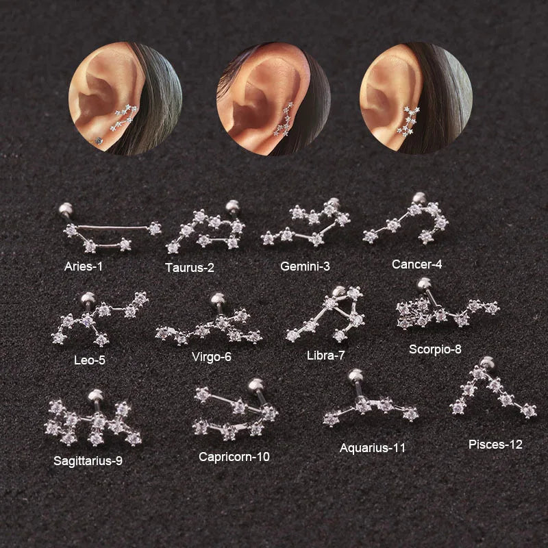 Brinco Fashion de Aço com Design das Doze Constelações - Piercing com Barra e Zircônia Cúbica - Semi-Joias - Sol e Lua