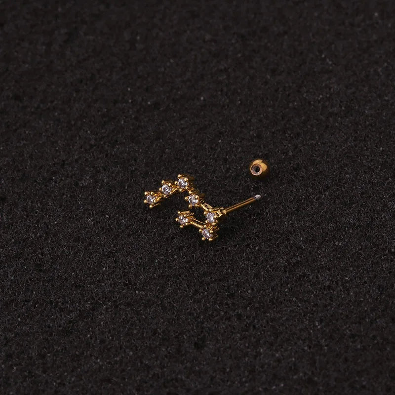 Brinco Fashion de Aço com Design das Doze Constelações - Piercing com Barra e Zircônia Cúbica - Semi-Joias - Sol e Lua