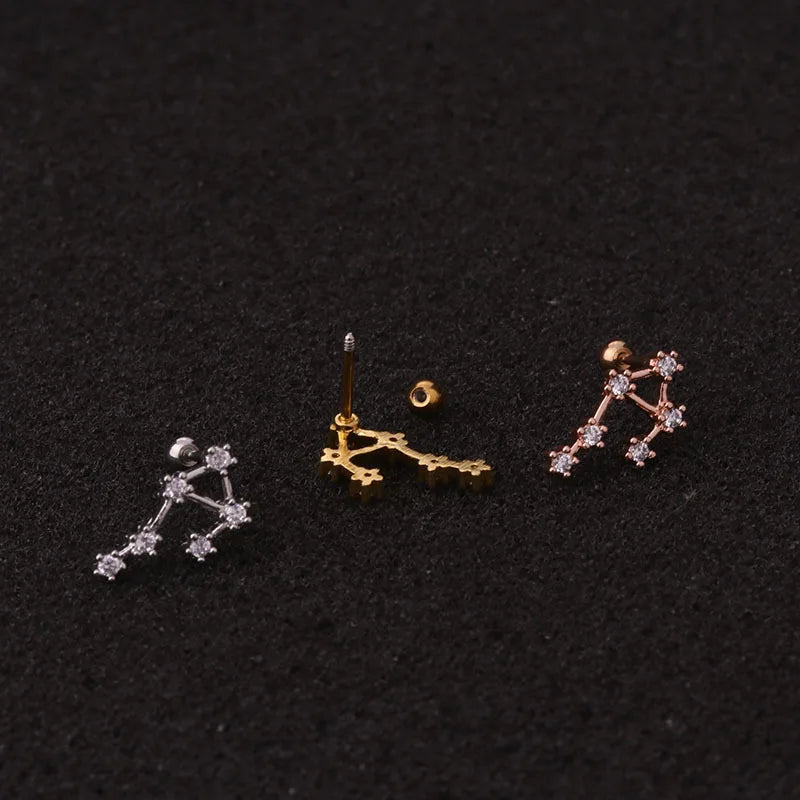 Brinco Fashion de Aço com Design das Doze Constelações - Piercing com Barra e Zircônia Cúbica - Semi-Joias - Sol e Lua