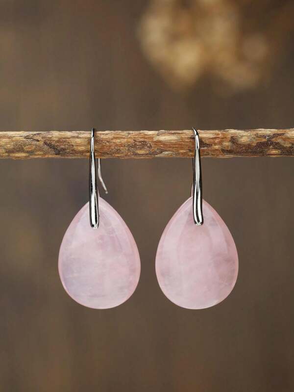 Brinco oval de quartzo rosa  natural polida