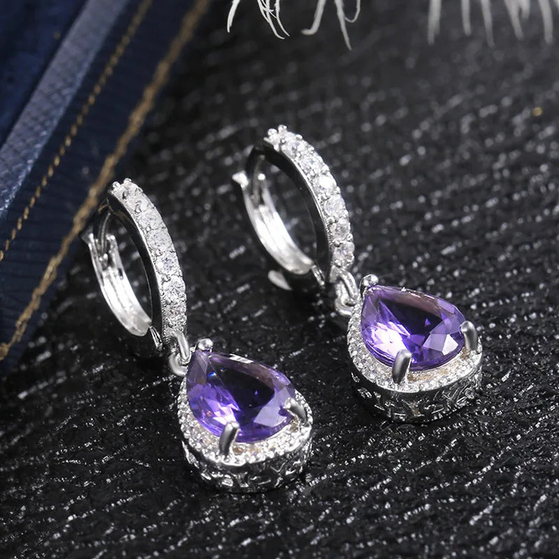 Brincos em Forma de Gota de Água em Prata 925 com Ametista -para Presentes de Aniversário - Semi Joias Femininas