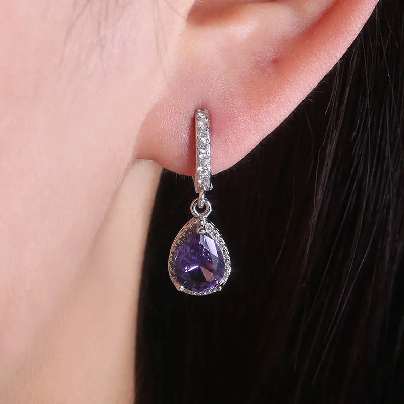 Brincos em Forma de Gota de Água em Prata 925 com Ametista -para Presentes de Aniversário - Semi Joias Femininas