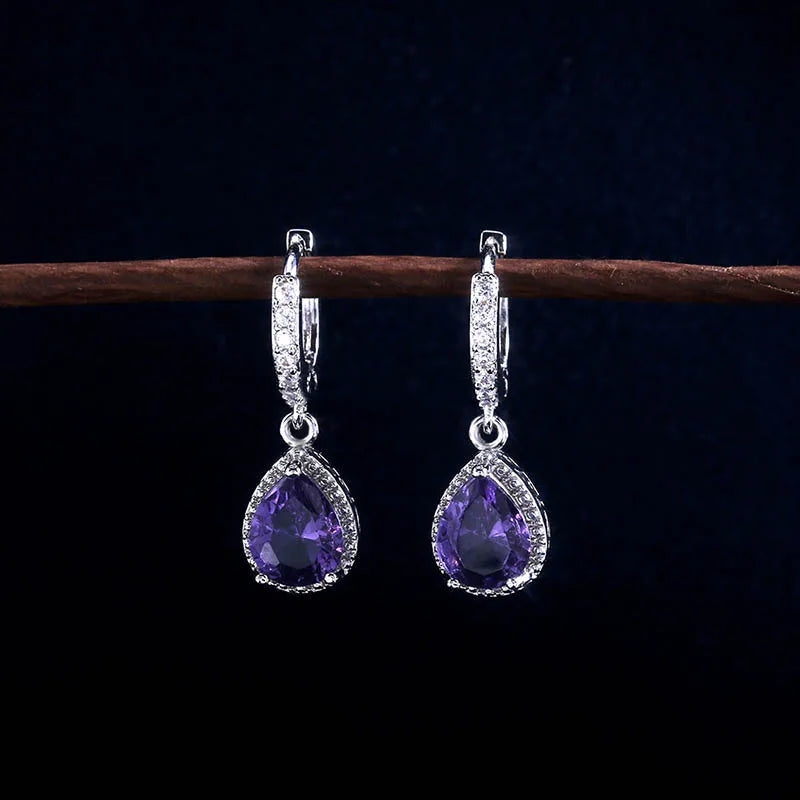 Brincos em Forma de Gota de Água em Prata 925 com Ametista -para Presentes de Aniversário - Semi Joias Femininas