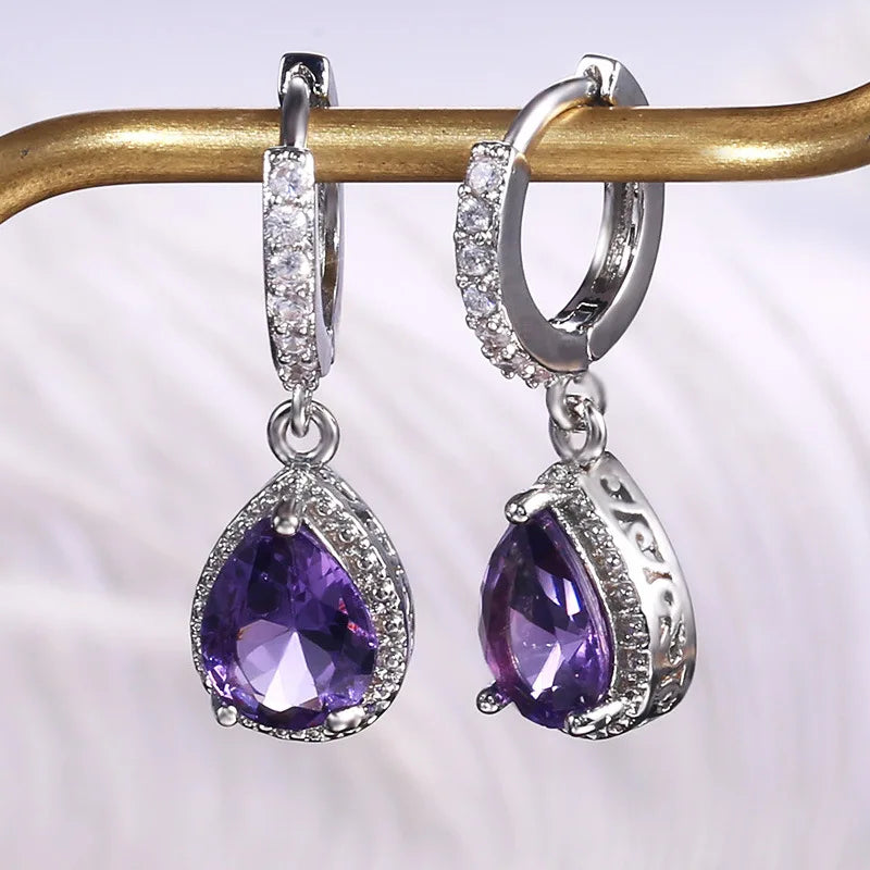 Brincos em Forma de Gota de Água em Prata 925 com Ametista -para Presentes de Aniversário - Semi Joias Femininas
