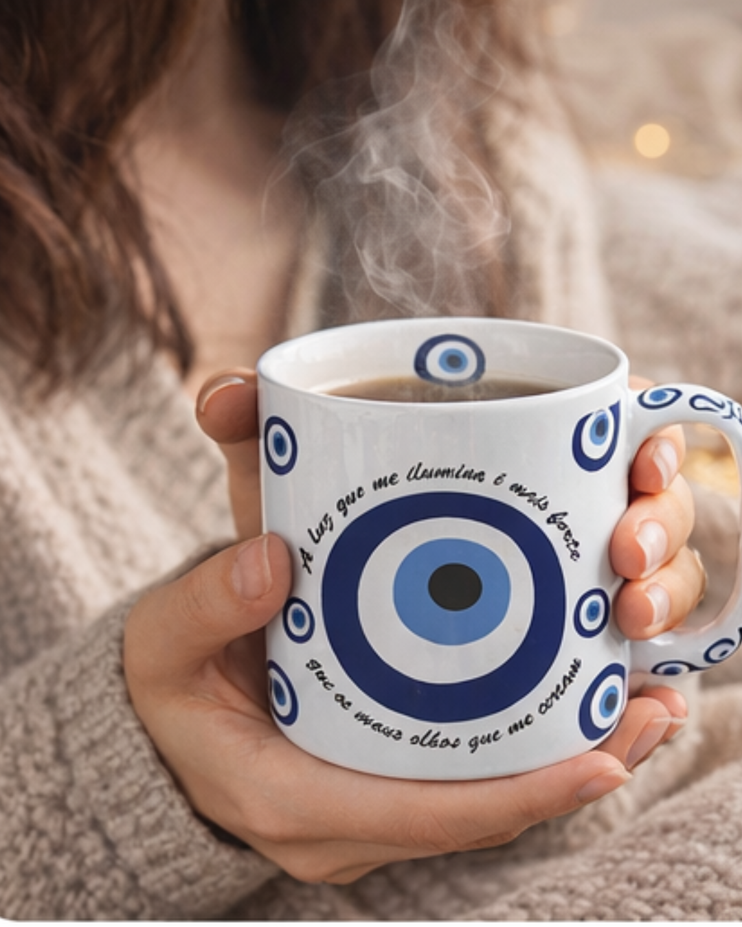 Caneca Guardiã da Manhã - Bella 300 ml Olho Grego em Cerámica Decorativa - Proteção, Energia Positiva e Estilo - Harmonia Plena 