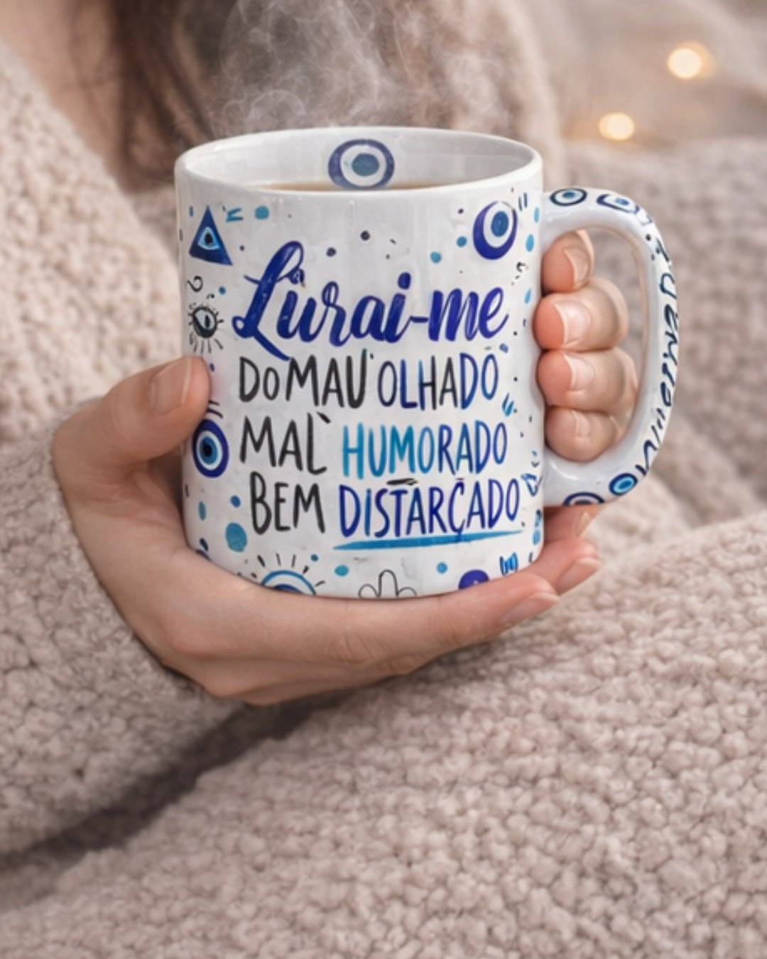 Caneca Porcelana 325 ml - Ritual da Manhã - Olho Grego & Boa Energia - Harmonia Plena
