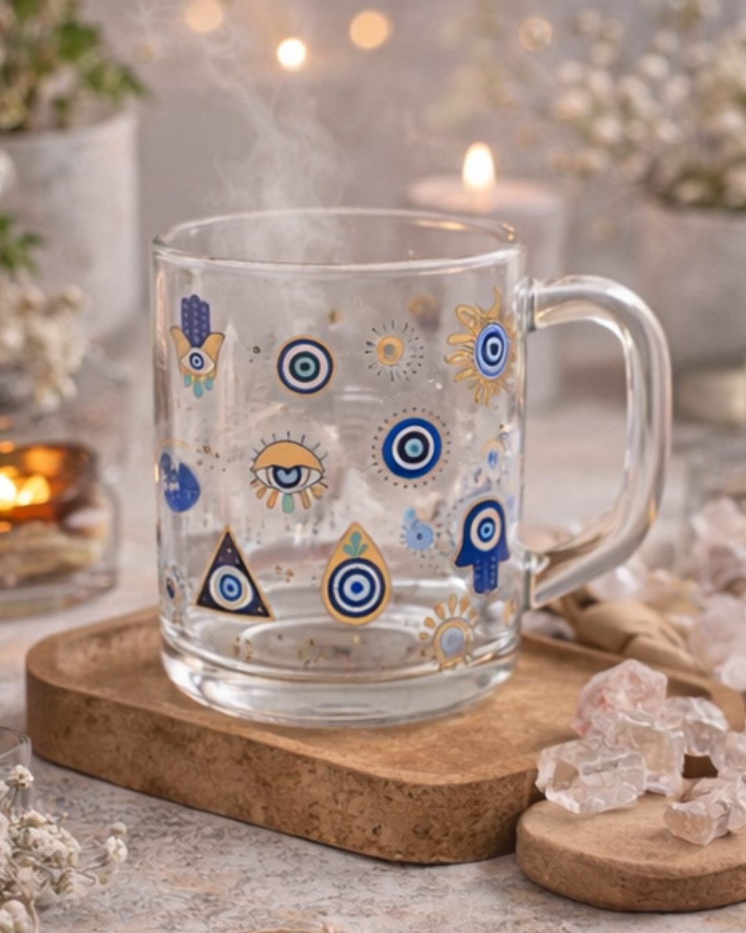 Caneca Ritualística de Proteção • Olho Grego • Vidro Decorativo com Simbolos de Proteção -Harmonia Plena