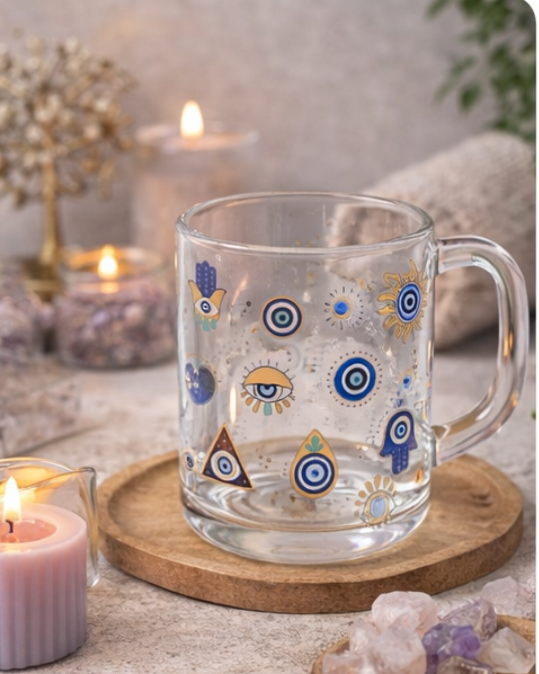 Caneca Ritualística de Proteção • Olho Grego • Vidro Decorativo com Simbolos de Proteção -Harmonia Plena