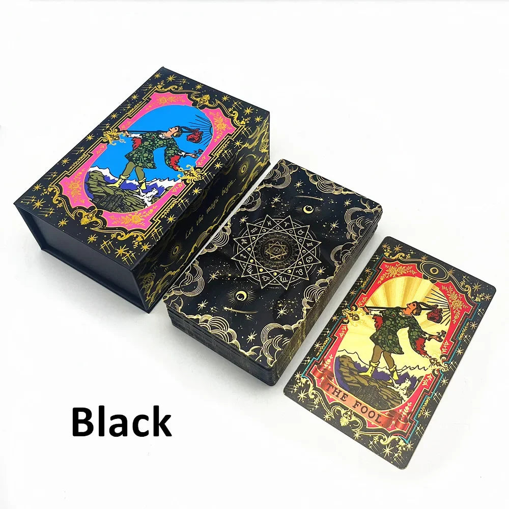 Cartas de Tarô de Ouro com Folha Rosa Vermelha - Jogo de Divinação em Plástico com Guia e Caixa - Tarot