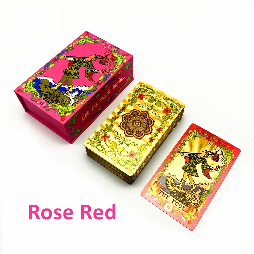 Cartas de Tarô de Ouro com Folha Rosa Vermelha - Jogo de Divinação em Plástico com Guia e Caixa - Tarot
