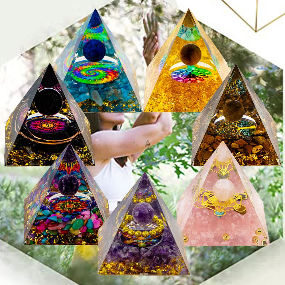 Conjunto de 7 Pirâmides de Resina com Cristais Naturais - Gerador de Energia para Cura dos Chakras e Decoração - Reiki