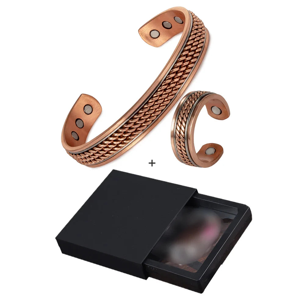 Conjunto de joias de cobre puro magnético torcido, pulseira ajustável, anel magnético redimensionável, conjunto de joias para artrite de saúde para mulheres e homens