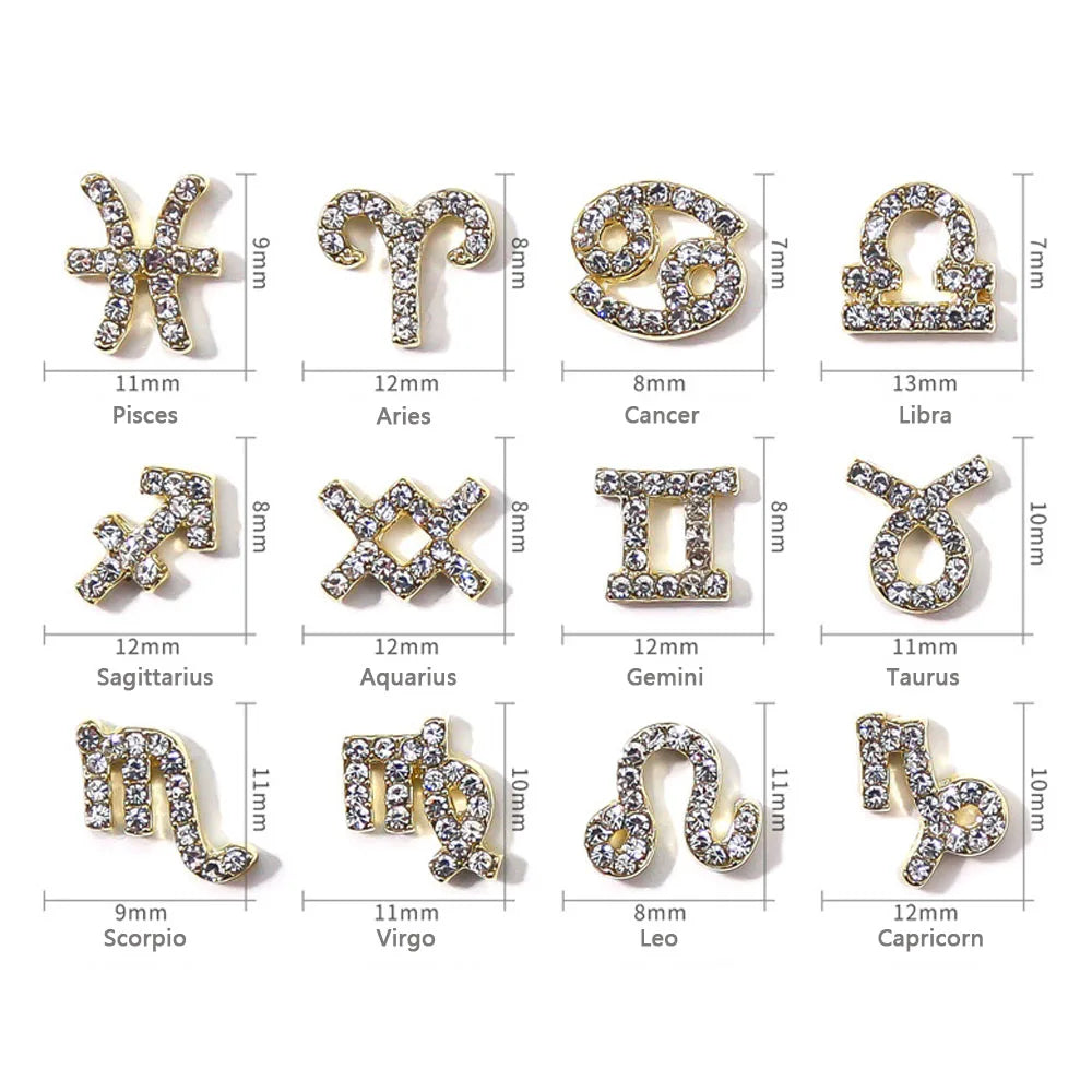 Conjuntos de 10 peças de Ligas com 12 Constelações em 3D, Símbolos Brilhantes para Decoração de Unhas