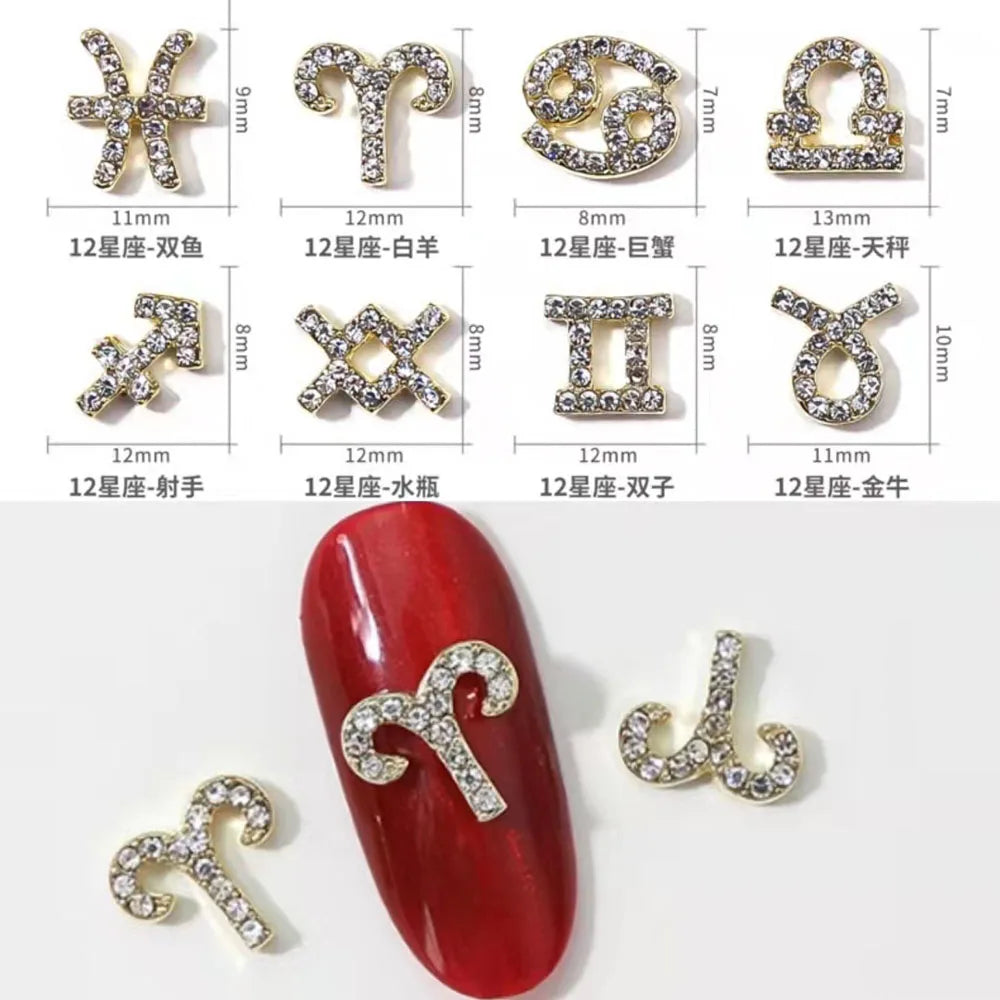 Conjuntos de 10 peças de Ligas com 12 Constelações em 3D, Símbolos Brilhantes para Decoração de Unhas