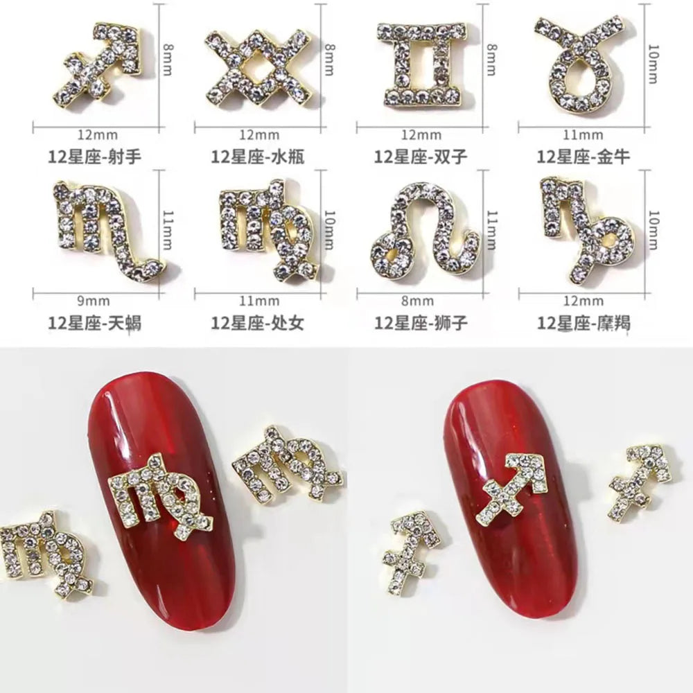 Conjuntos de 10 peças de Ligas com 12 Constelações em 3D, Símbolos Brilhantes para Decoração de Unhas