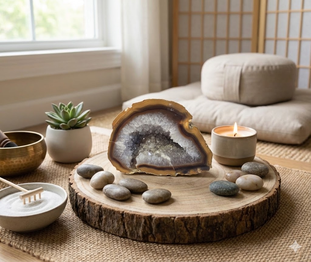 Geodo de Ágata Natural com Drusa de Quartzo – Peça Polida 550g | Banda Marrom e Núcleo Cristalino | Decoração, Coleção Mineral e Espaços Zen -  Harmonia Plena